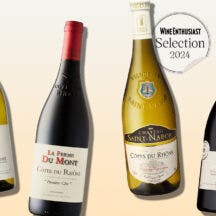 Cotes Du Rhone bottles on a designed backgorund